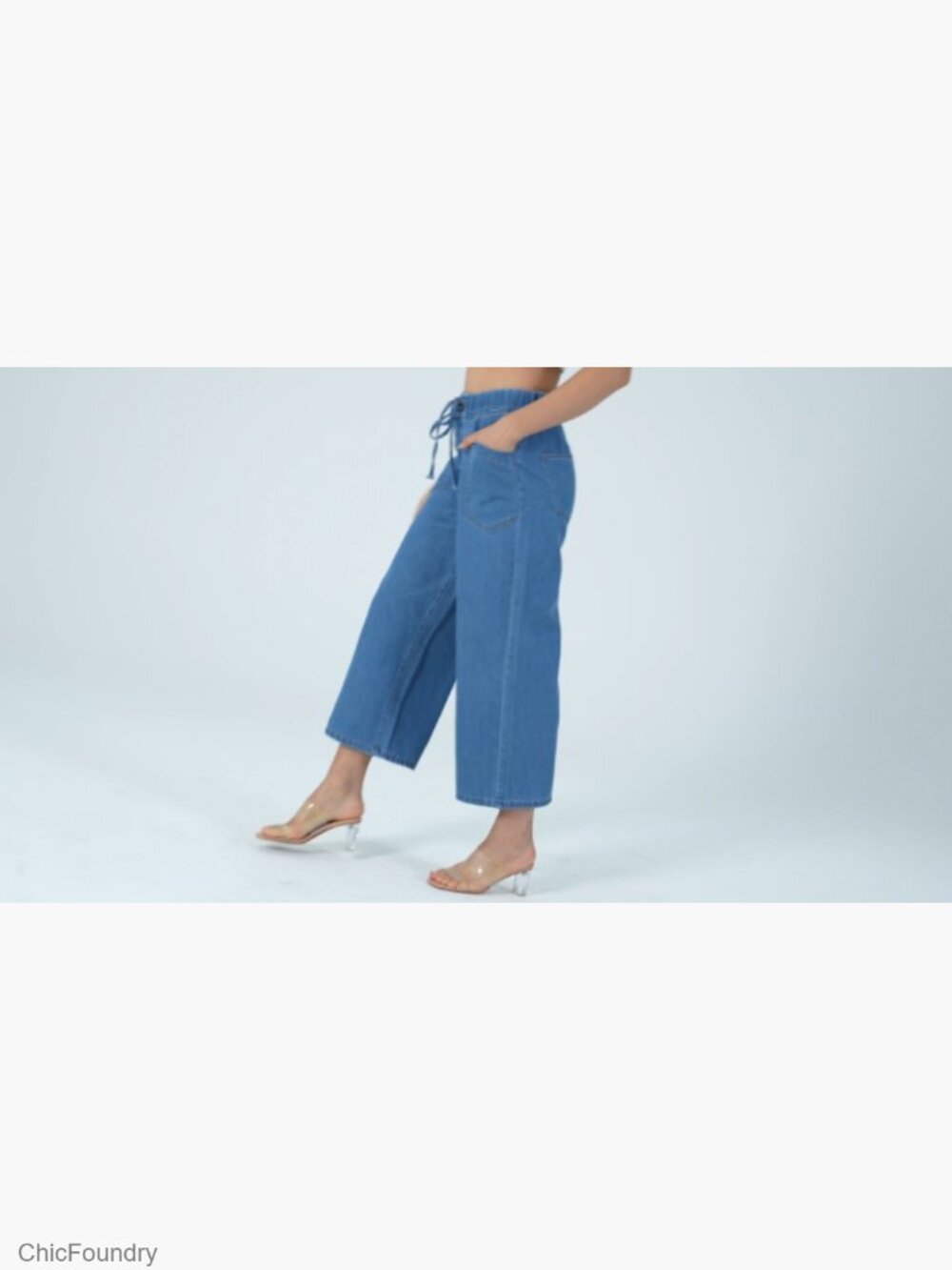 Wide Leg Capri Jeans Elastic Waist Drawstring Cropped Culottes Pants - Picture 7 of 7